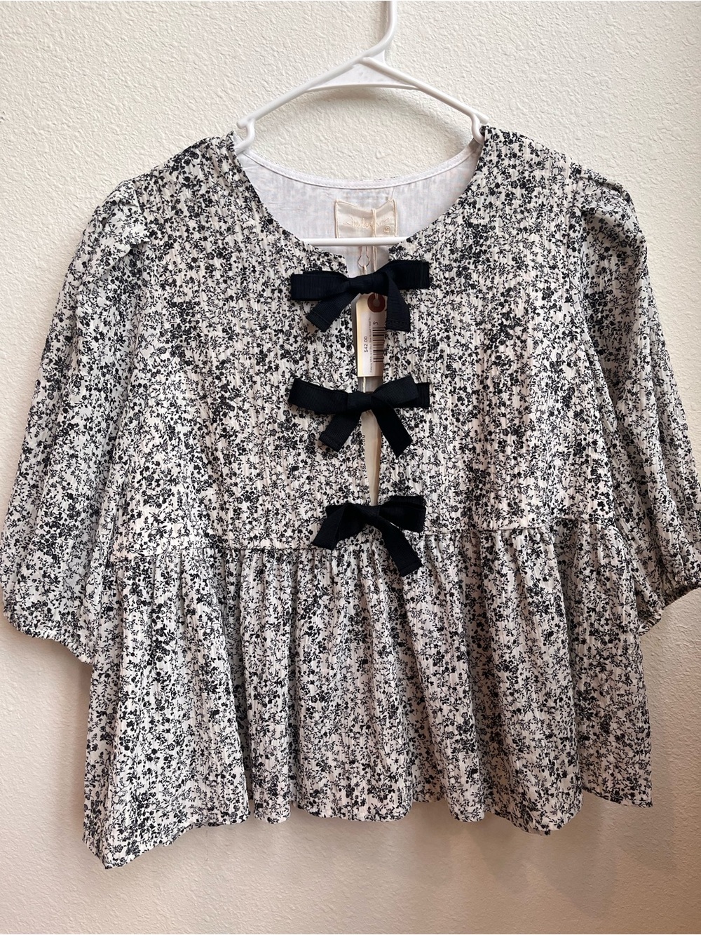 In Bloom Black and White Floral Peasant Top with Bow Details